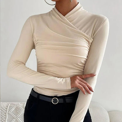 Sexy Elegant Fall Winter Long Sleeve Cross Pleated Pullover Women's Modal Solid Color Irregular Tops Street Daily Versatile Tees.