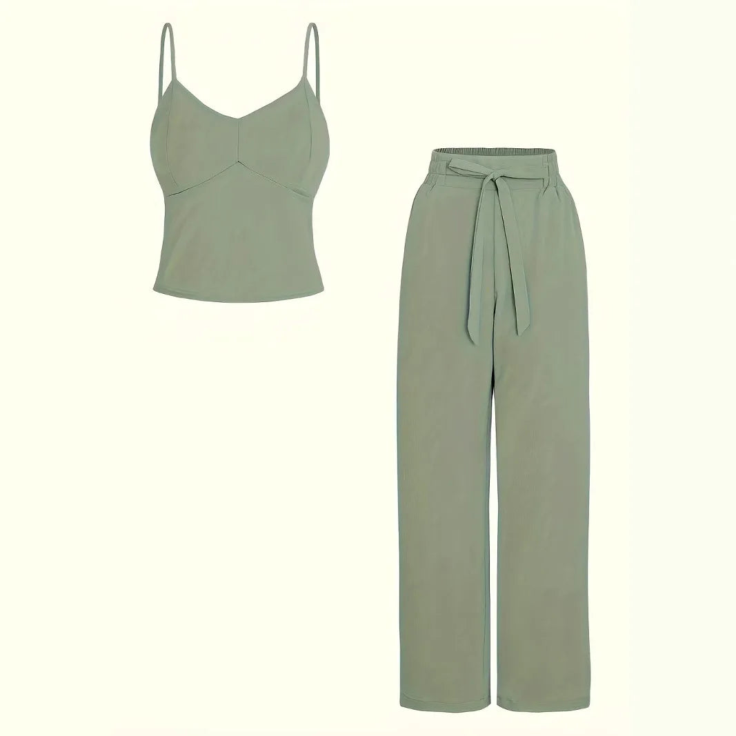 Women's fashion elegant suspender trousers set solid color casual elegant fake belt cw32369.