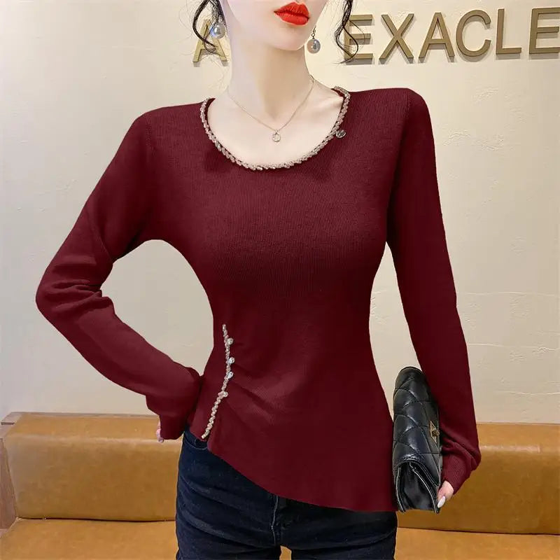 2025 New Autumn Women's Sweater Design Slim Slim Nail Drill Fashion Women's Top.
