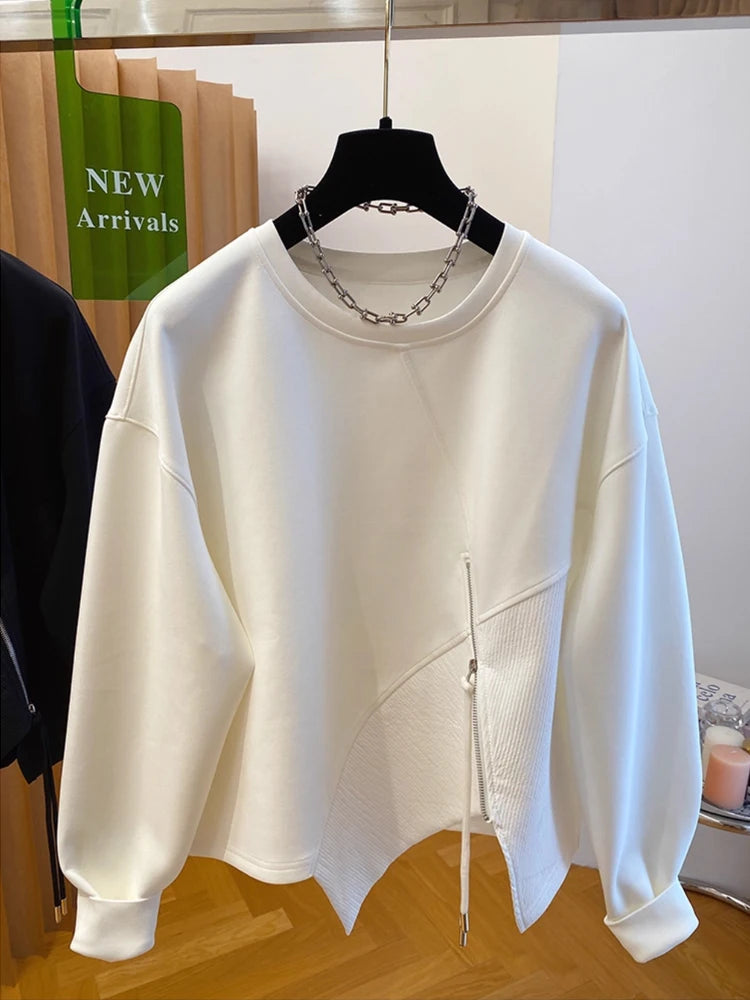 Autumn and Winter Women's Pullover Round Neck Hoodie Lazy Style Splicing Design Loose Long Sleeve Tops.