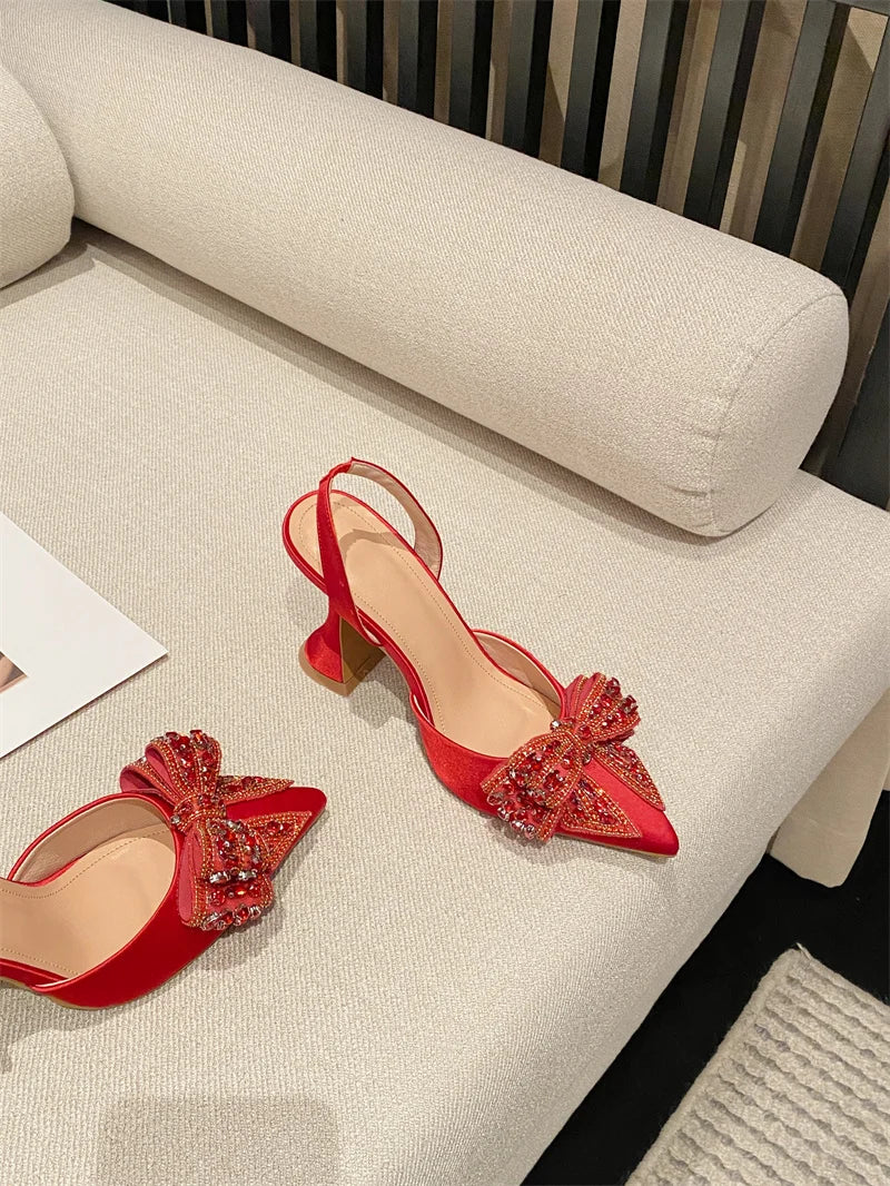 Liyke Spring Summer Fashion Rhinestone Bowknot Women Pumps Sexy Silk Pointed Toe Strange High Heels Party Prom Shoes Gold Silver.