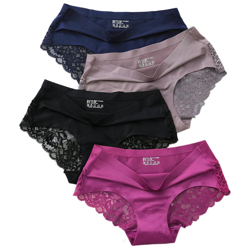 2 Articles Ice Silk Panties Female Mid-waist Non-marking Lace Cotton Crotch Skin-friendly Large Size Breathable Ultra-thin Young.