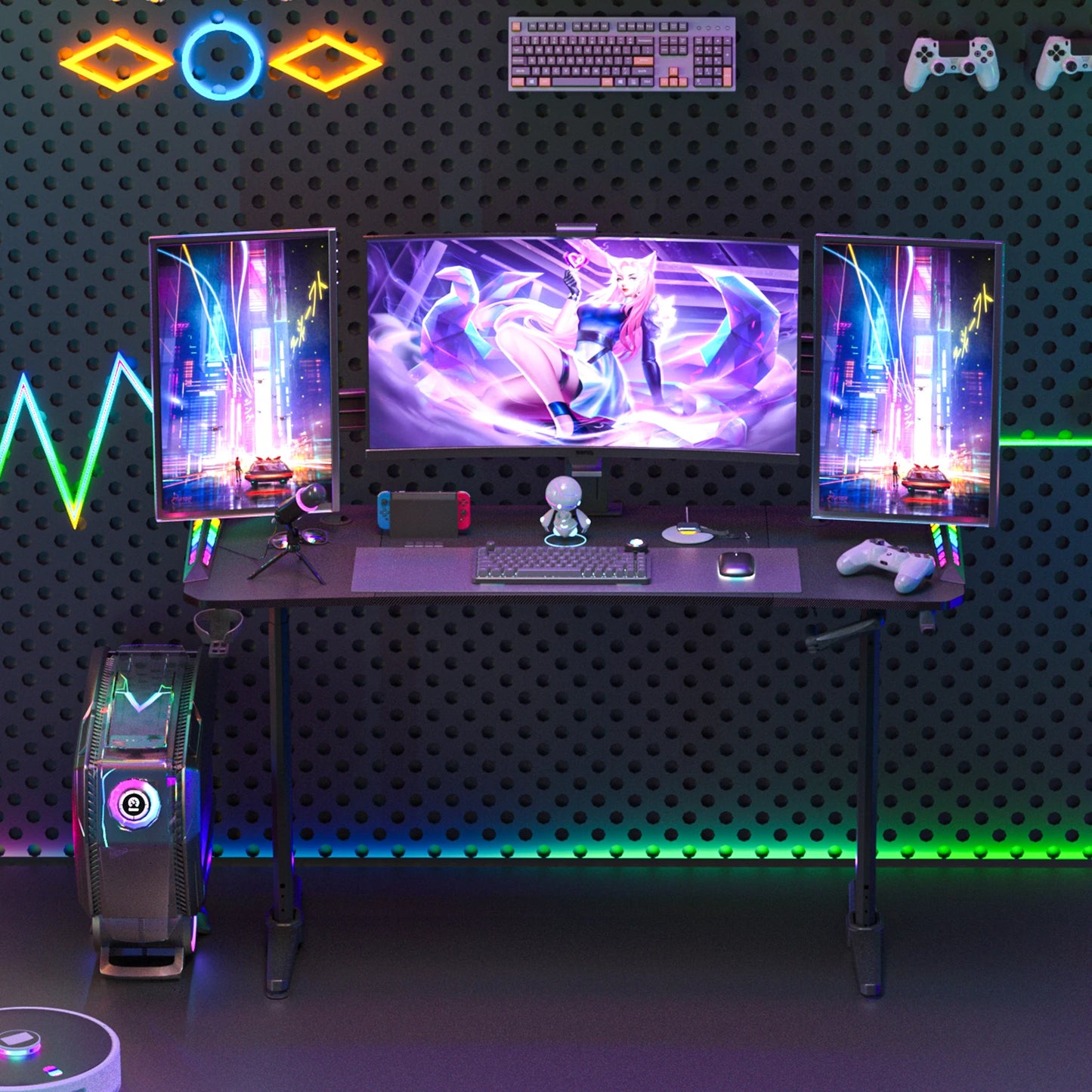 Höhen verstellbarer Gaming-Schreibtisch Stehpult, großer Gaming-Computer-Schreibtisch mit RGB-LED-Leuchten für Spiele und Home Office, schwarz