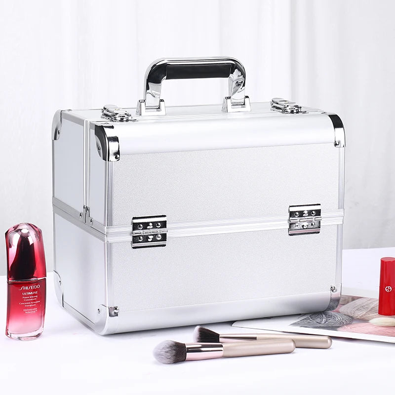 Makeup Train Case Aluminum Alloy Case Pedicure Tool Box with Handle Cosmetic Box Portable Makeup Case Organizer