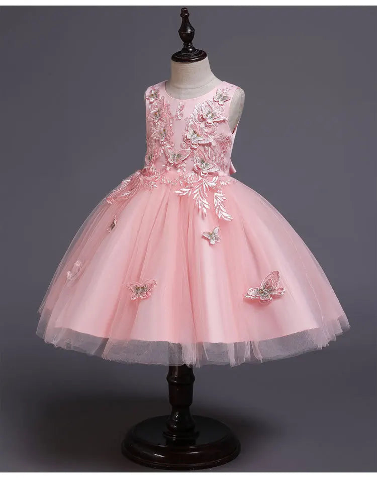 Elegantes Kleid für Mädchen, Abend, Hochzeit, Schmetterlingsapplikationen, Netzstoff, Prinzessinnenkleid für Kinder, Geburtstagsfeier, Abschlussball, Performance-Kleid