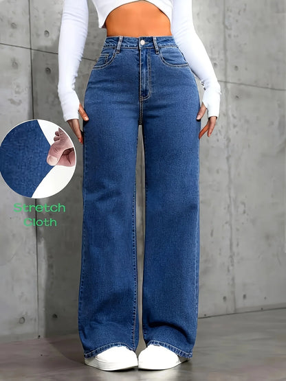Classic and stylish straight-leg blue jeans, versatile and easy to pair with various outfits..