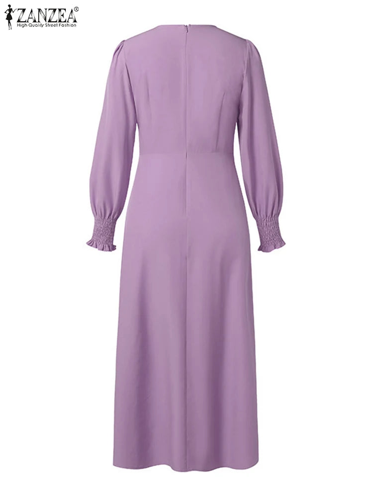 ZANZEA Elegantes Damen-Plisseekleid, edel, gesmokte Bündchen, langärmelig, O-Ausschnitt, Fit und Flare, lang, Vestidos, Pendeln, solide Party-Roben.