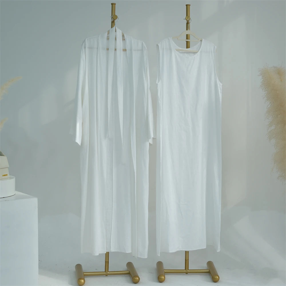 Eid Summer Cotton Linen Kimono Coat Dubai Open Abaya 2024 Muslim for Women Set Retro Kaftan Modest Dresses Islam Clothing Kebaya