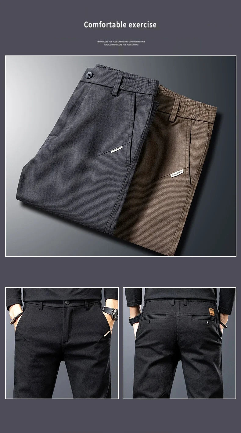 Men's Twill Slim Pants Business Straight Cotton Casual Trousers Brand Fashion Korean Elastic Coffee Black Gray Pant.