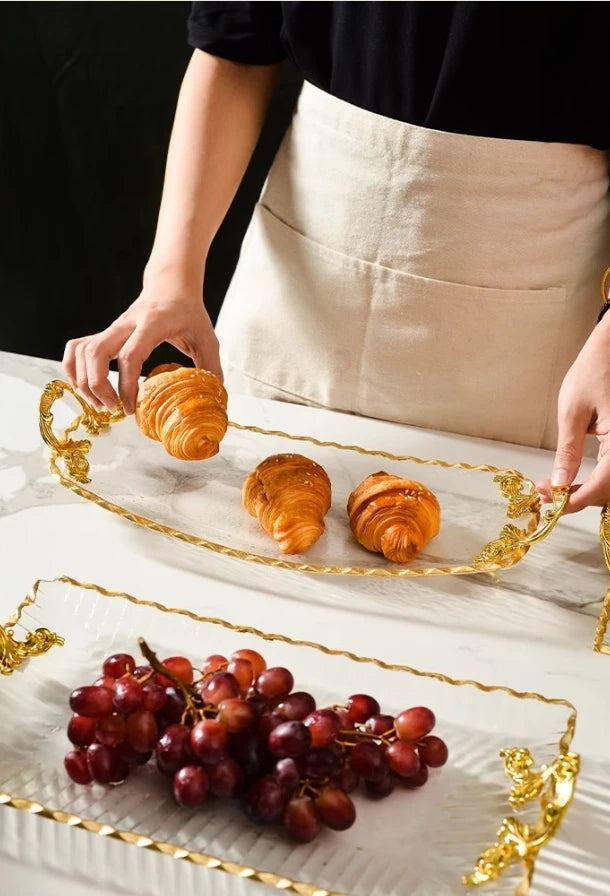 Gold-rimmed Glass Plates, Luxury Fruit Plates, Snacks, Cakes, Snacks, Bread Tray, Binaural Glass Plates, Rectangular Trays.