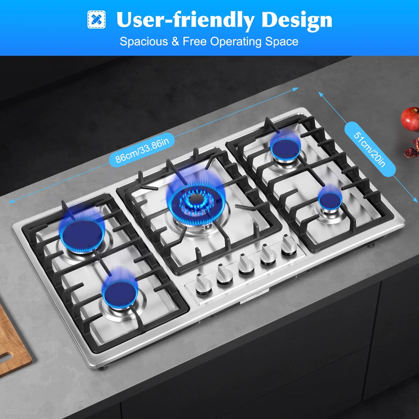 Stainless Steel Gas Cooktop with 5 Burners Electronic Pulse Ignition Built-in 3kw 2.75kw 1.75kw 1.75kw 1kw Gas Cooktop.