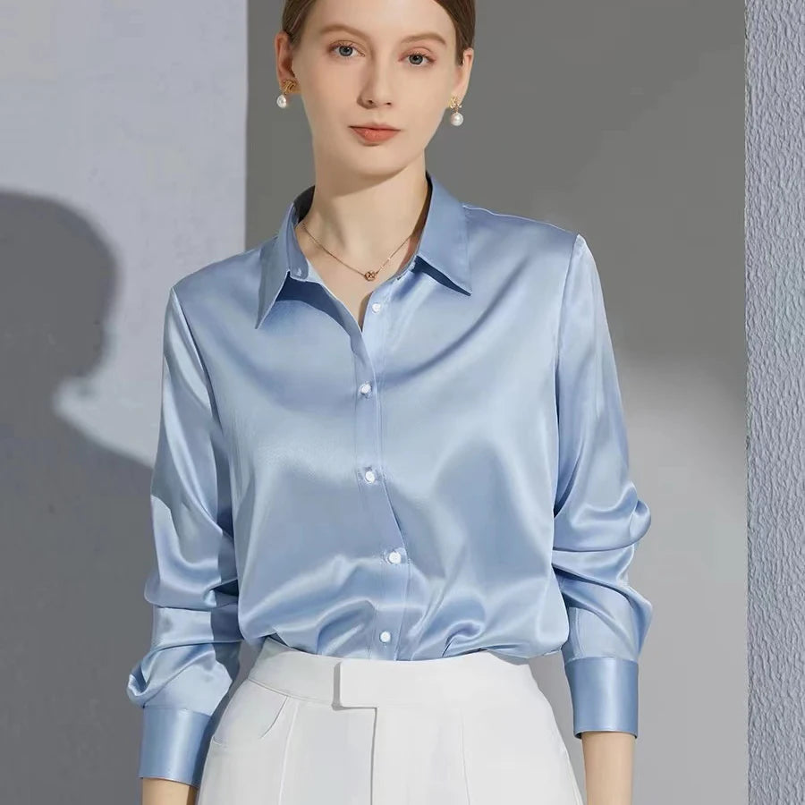 Luxury Satin Finish Shirts And Blouses For Women Clothes Casual Top OL Long Sleeve Single Breasted Elegant French Solid Blouses.