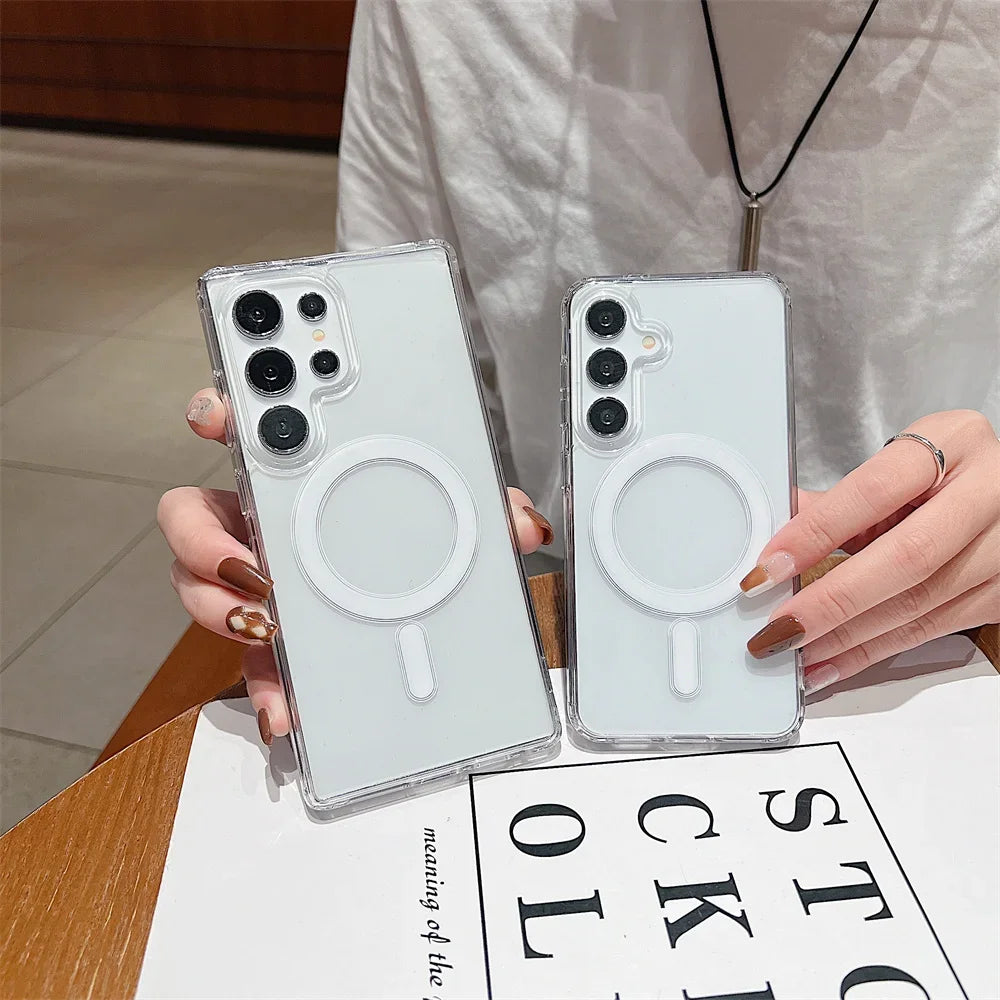 Magsafe Magnetic Charge Phone Case For Samsung Galaxy S25 S24 S23 Ultra S22 Plus S21 FE A16 A15 A35 A55 Clear Acrylic Slim Cover.