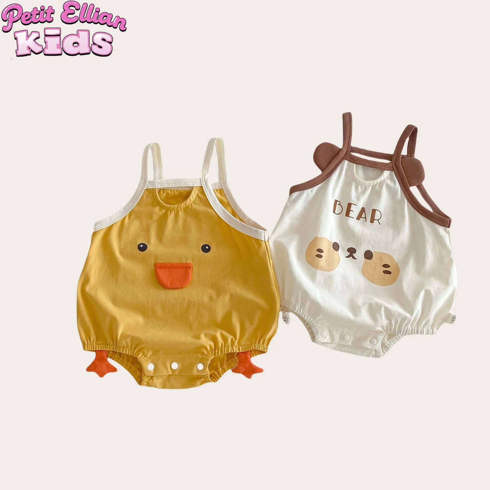 0–2 Jahre Baby-Strampler aus Baumwolle mit Tier-Cartoon-Motiv – bezaubernde Enten- und Bären-Designs – weich und bequem für Babykleidung.