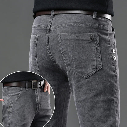 New Pure Gray Korean Slim Jeans Men's Stretch Tight Trendy Jean Trousers Branded Streetwear Comfortable Man Clothing Pants
