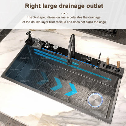 Küchenspüle aus Edelstahl mit Wasserfall, extra große Einzelschüssel, Digitalanzeige, multifunktionale Geschirrspülbecken