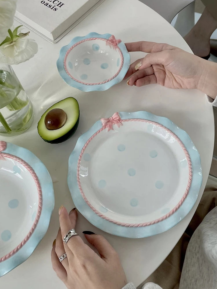 Cartoon Pink Ceramic Dinner Plate with Bow Knot, Household Dish, High Temperature Resistant, Deep Dish, Kitchen Tableware Set.
