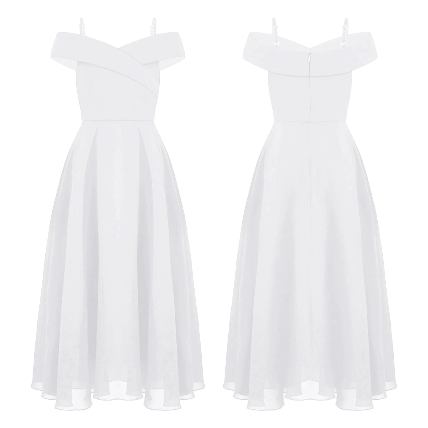 Elegantes Chiffon-Partykleid für Mädchen, schulterfrei, verstellbarer Spaghettiträger, bodenlanges Maxikleid für Hochzeit, Geburtstag, Abend