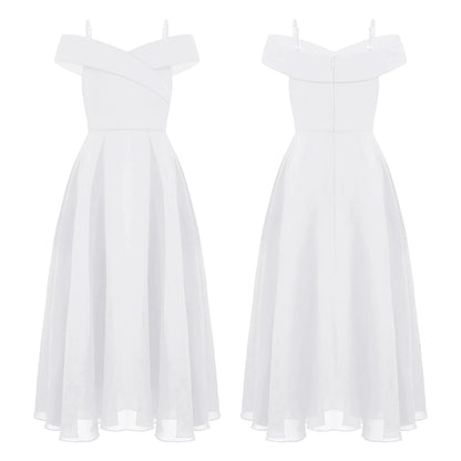 Elegantes Chiffon-Partykleid für Mädchen, schulterfrei, verstellbarer Spaghettiträger, bodenlanges Maxikleid für Hochzeit, Geburtstag, Abend