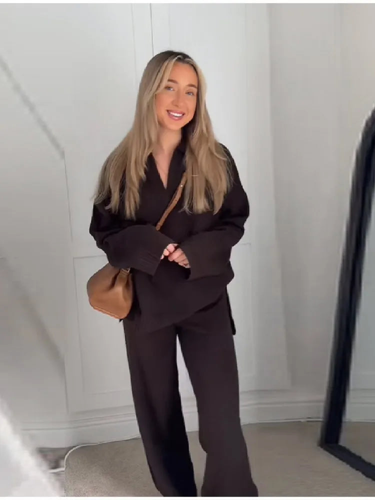 Casual Simple Loose Sweater Trousers Set Solid Color Retro Versatile Comfortable Streetwear Top Pants Commuting Women's Outfit.
