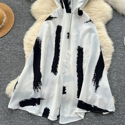 Neue Sommer Druck Süße Kleid Träger O Neck Backless Split Elegante Damen Urlaub Strand Party Midi Sommerkleid