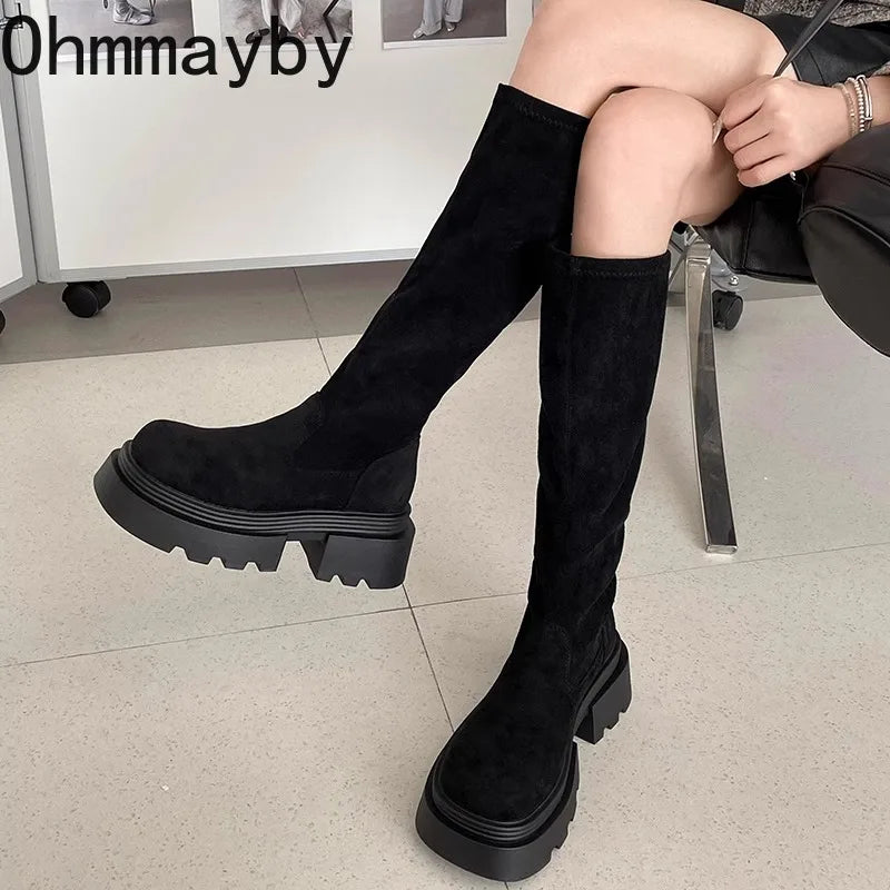 Winter Platform Punk Style Woman Knee High Boot Concise Slip On Elastic Slim Shoes Ladies Thick Bottom Knight Long Booties.