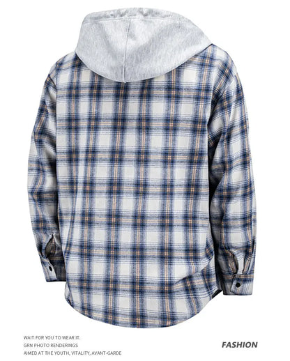 Hooded men's and women's wearable plaid shirts, Japanese shirt jackets for spring and fall, loose-fitting long-sleeve jackets..