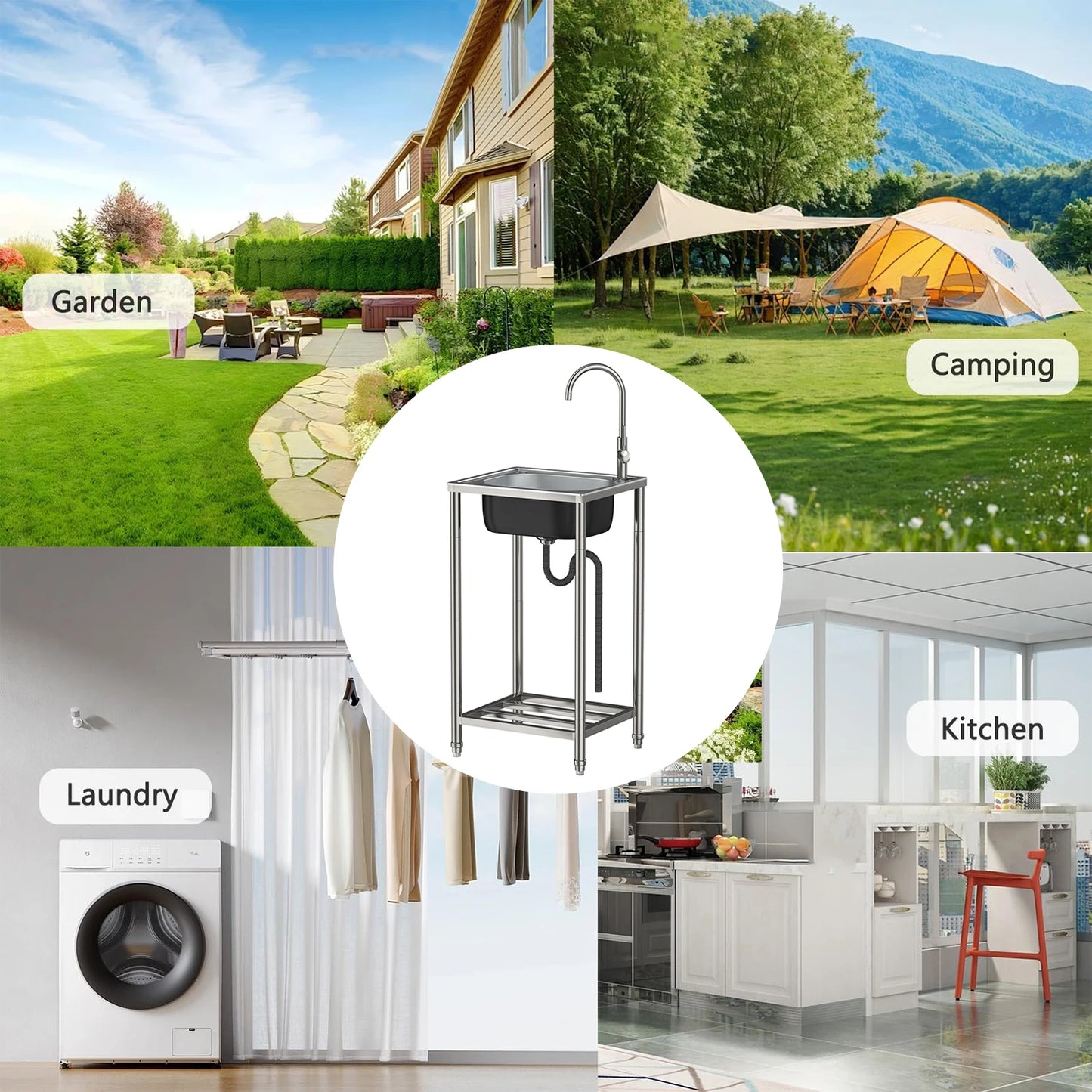 Abnehmbares multifunktionales Waschbecken, Waschbecken aus Edelstahl, Waschbecken mit einem Trog für gewerbliche Restaurantküchen