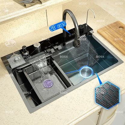 Stainless Steel Kitchen Sink Waterfall Wash Vegetables Basin Intelligent Digital Display Faucet Dish Wash Bowl Large Single Slot