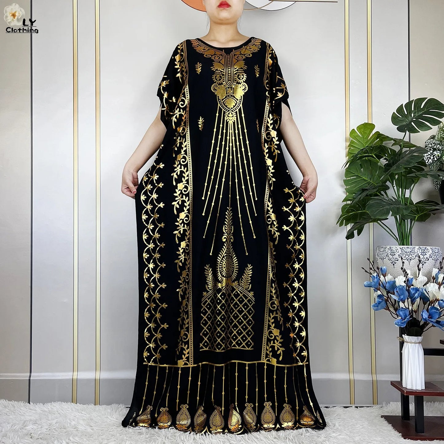 2023 New Muslim Summer Short Sleeve Robe Gold Stamping Boubou Maxi Women Femme Loose Dress With Big Scarf African Abaya Clothes.