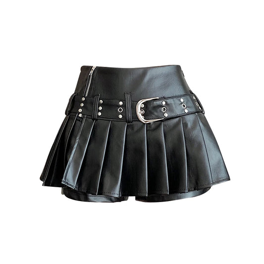 Women's Black Gothic A-line Pleated Leather Skirt Y2k Mini Shorts Skirts Harajuku Korean Emo Skirt 2000s Vintage Clothes Summer.