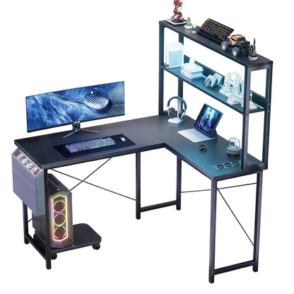 L-förmiger Gaming Schreibtisch mit LED Beleuchtung Doppelregal USB Steckdosen Büro Computertisch