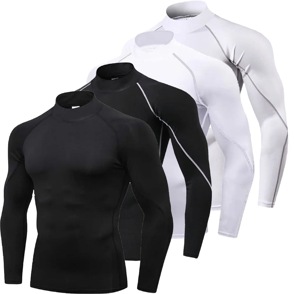 Men's Quick Dry Running T-shirt Workout Compression Shirt Turtleneck Long Sleeve Rash Guard Gym Base Layer Athletic Undershirt.