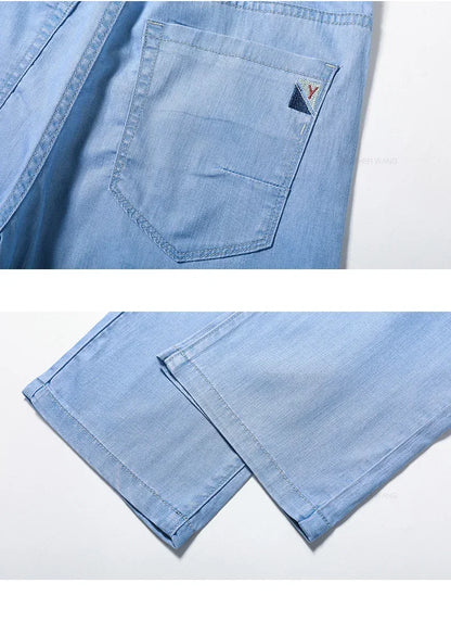 Summer Ultra Thin Men's Loose Jeans Lyocell Ice Silk Fashion Casual Business Denim Pants Straight Stretch Male Trousers
