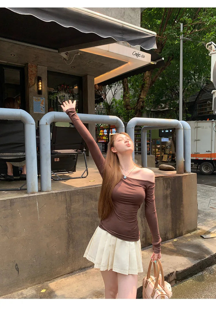 1pcs Spring Autumn Fashion Skew Collar Off-shoulder Long-sleeved T-shirts Women New Solid Slim Fit Sexy Tees Shirts Student Tops