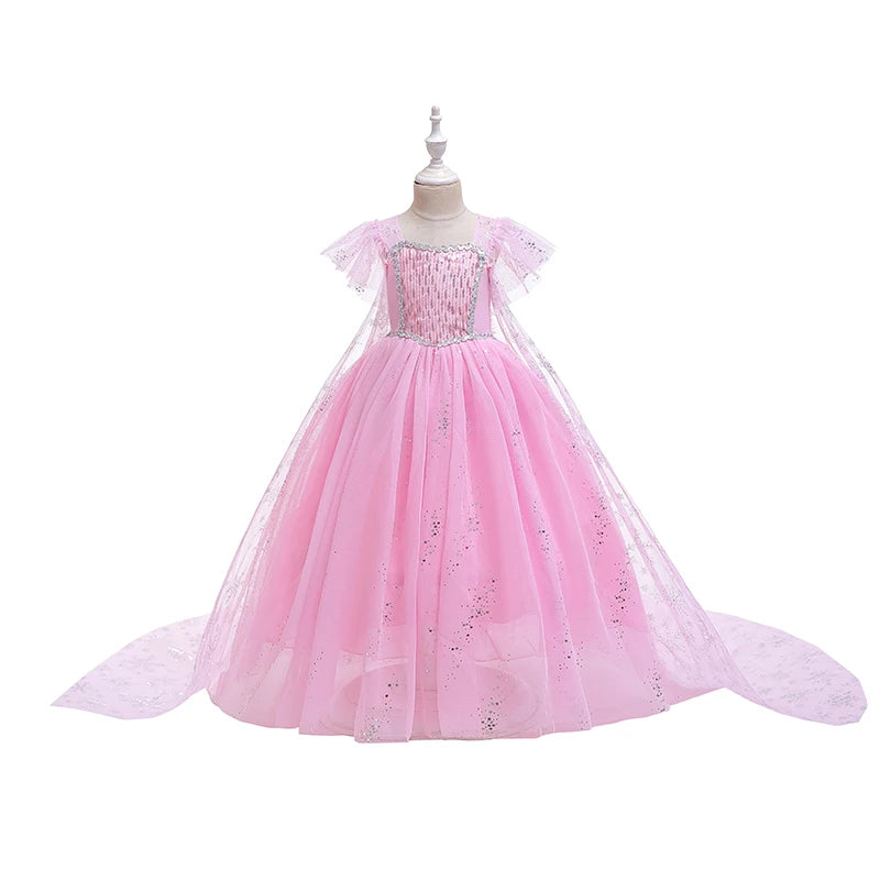 Mädchen rosa Pailletten Mesh Prinzessin Kleid, Mesh kurze Ärmel, mit Umhang, geeignet für Party, Tanz, Performance, Karnevals kleid.