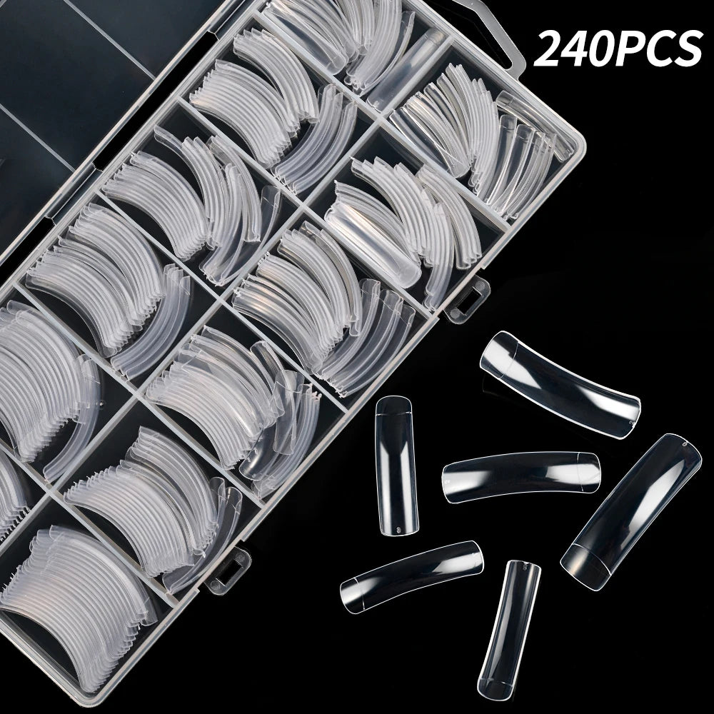 240Pcs/Box Extra Long Bend False Nails 12-Sizes Full Cover Press On Nail Clear/White/Black Building Extension Fake Fingertips *&.