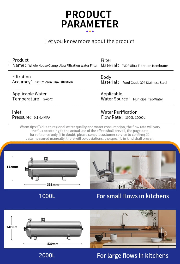 DIVEDEER PVC Filter Cartridge Water Purifier PVDF Ultra Filtration Water Purifier with Cleaning Tube Kitchen Drinking Water.