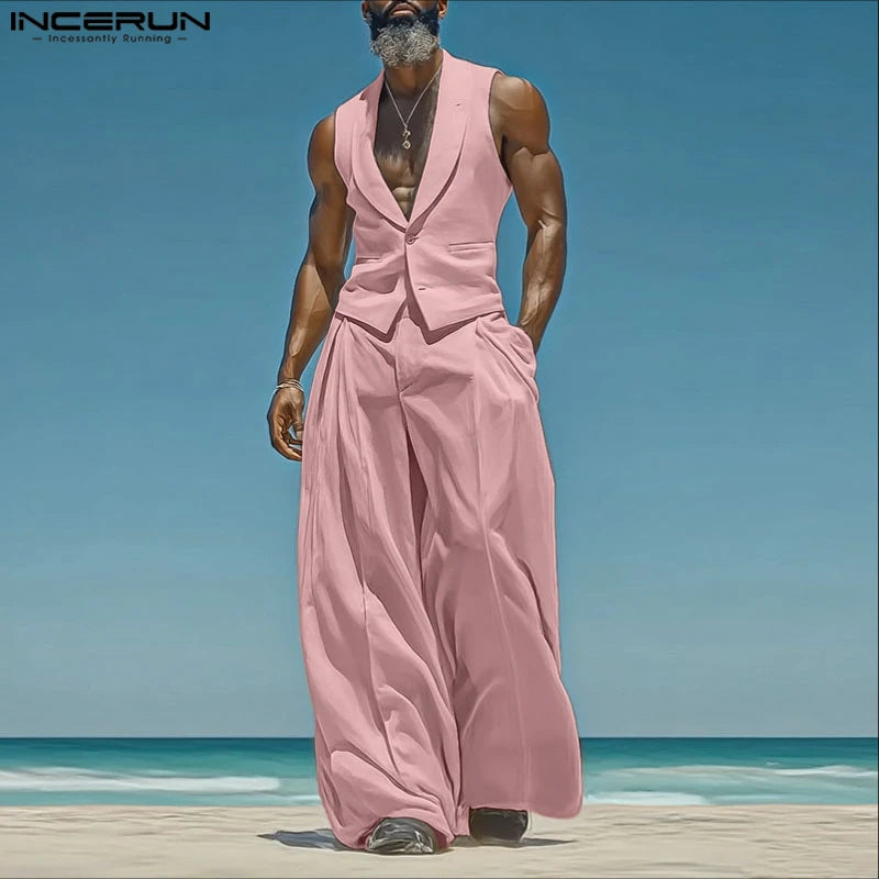 INCERUN Summer Men's Sets Solid Color Sleeveless Tops Tee Buttons Summer Long Pants Male Two-piece Suits Streetwear 2PCS S-5XL.