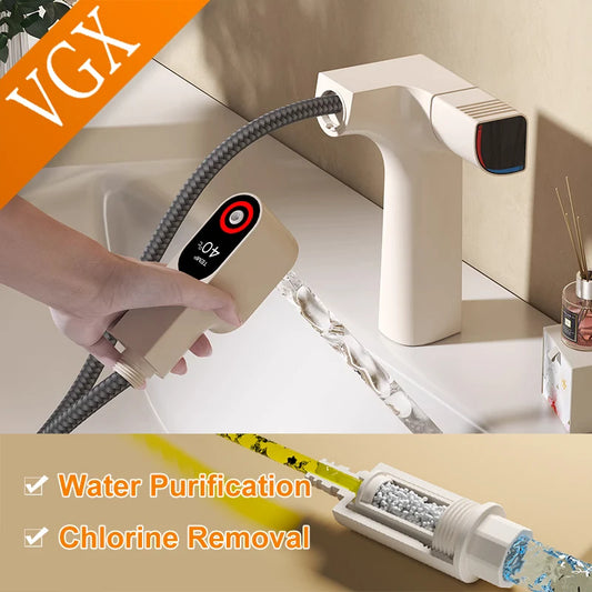 VGX Purified Bathroom Faucets Pull Out Water Filter Tap White Basin Mixer Sink Faucet Gourmet LED Display Brass Tapware Crane