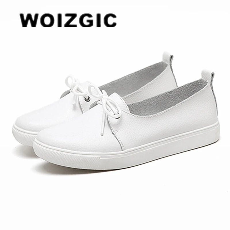 WOIZGIC Women Students Gril Female Genuine Leather White Shoes Flats Platform Lace Up Korean Casual Vulcanized Shoes FEZ-173.