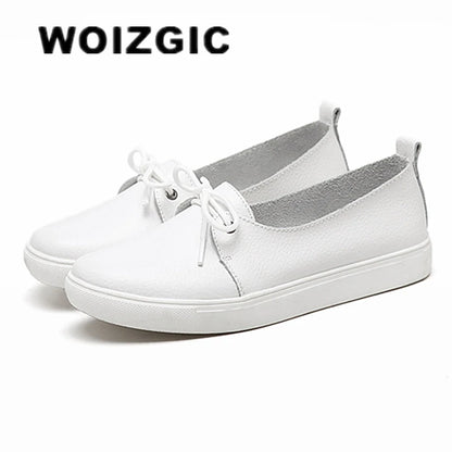 WOIZGIC Women Students Gril Female Genuine Leather White Shoes Flats Platform Lace Up Korean Casual Vulcanized Shoes FEZ-173.