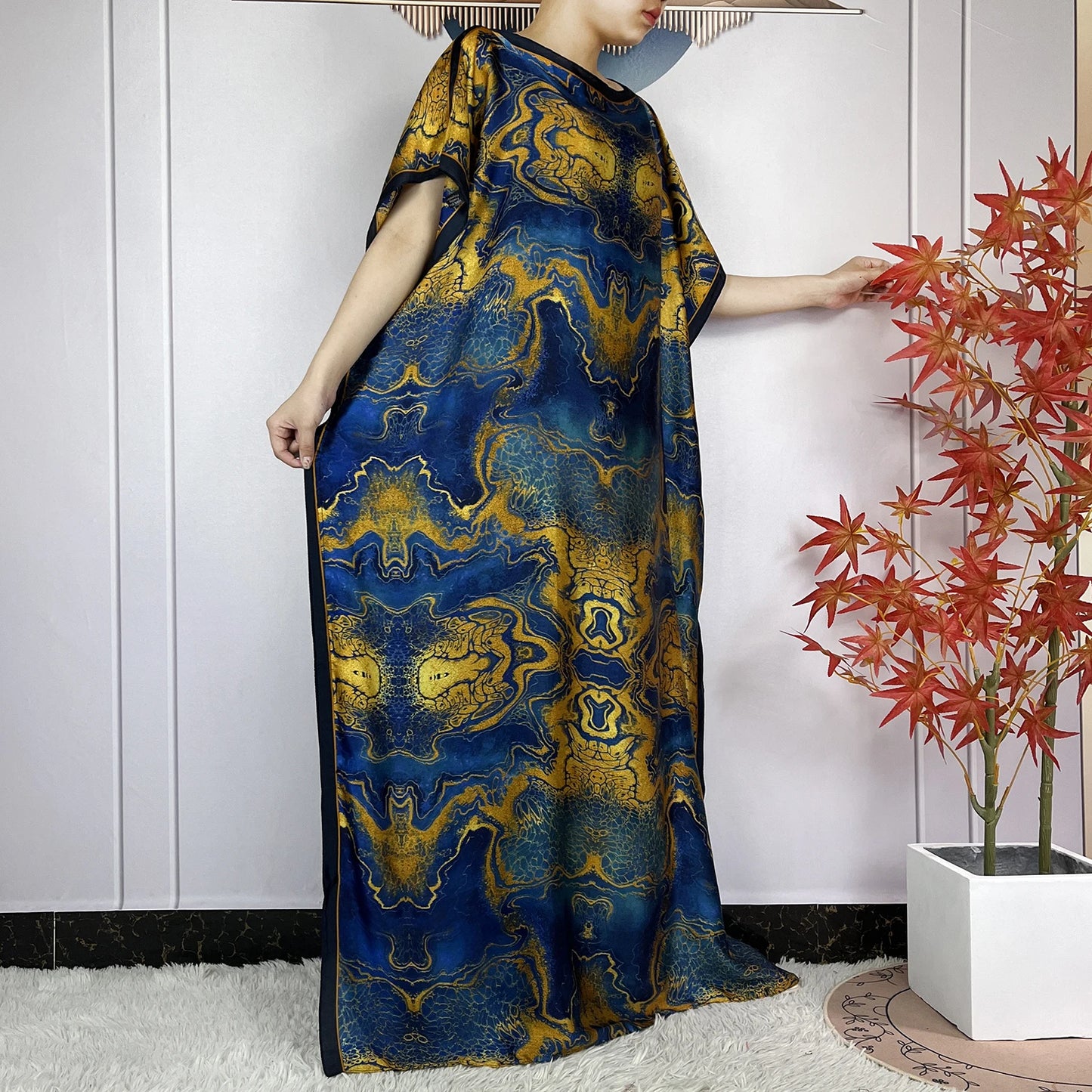 2024 New Dubai Summer Fashion For Women Printed Silk Soft Loose Femme Robe African Islam Maxi Woman Casual Dresses With Turban