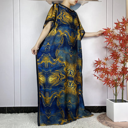 2024 New Dubai Summer Fashion For Women Printed Silk Soft Loose Femme Robe African Islam Maxi Woman Casual Dresses With Turban
