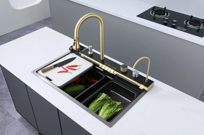 Golden Household Stainless Steel Waterfall Kitchen Sink MultiFunction Wash Vegetable and Dish Countertop Basin Large Single Slot