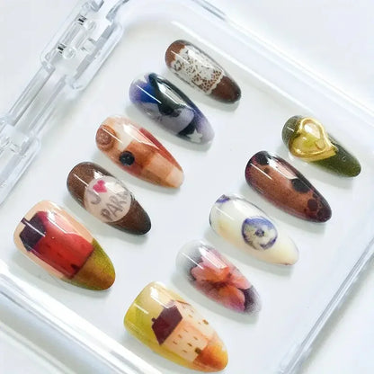 10pcs Handmade Press on Nails Cartoon Shark Pattern Design Fake Nails Wearable Detachable Ins Simple Almond Shaped False Nails.