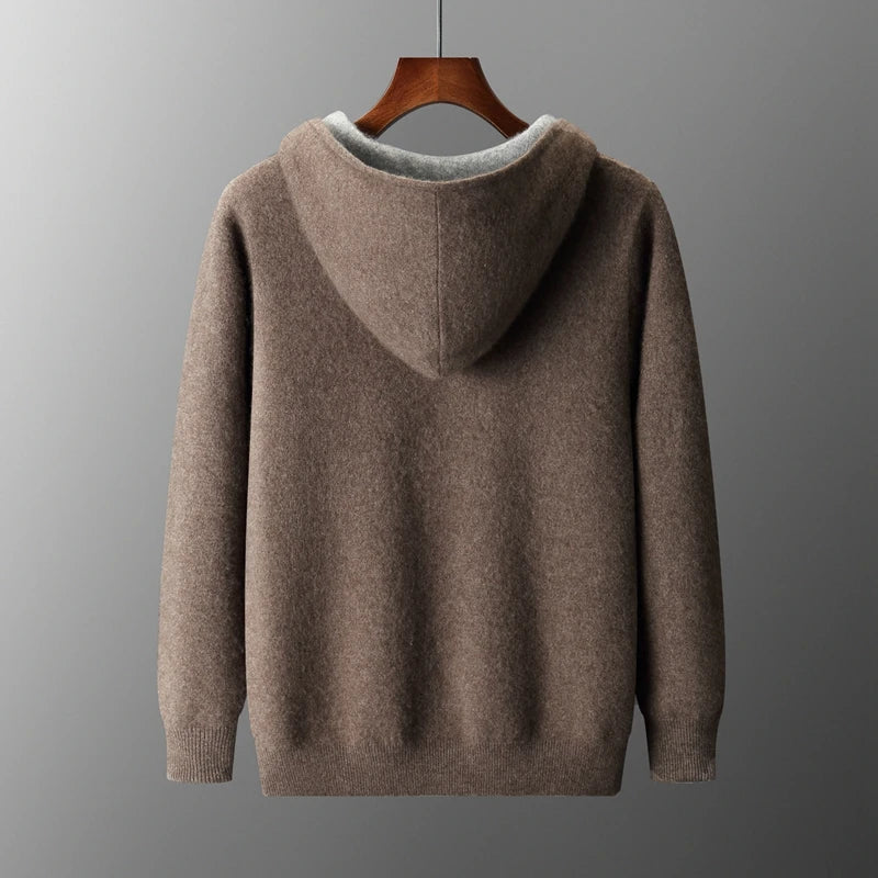 Autumn Winter Pure Cashmere Sweater Double-sided Cardigan Men's Casual Zipper Thickened Cashmere Knitted Hooded Sweater Coat.