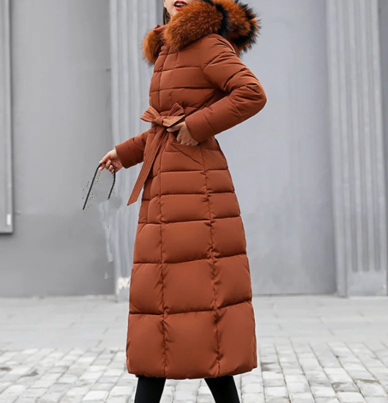 Neue Wintermode Langarm Pelzkragen Reißverschluss Einfarbig Slim Fit Lange Version Dicke Daunenjacke Mit Kapuze Für Frauen, 6 Farben.