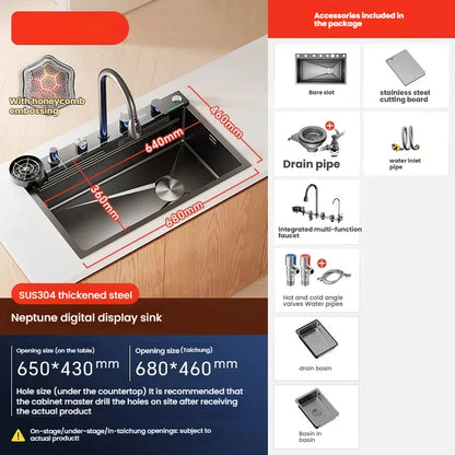 Intelligent Waterfall Stainless Steel Kitchen Sink MultiFunctional Digital Display Porous Large Single Slot Wash Dish Basin
