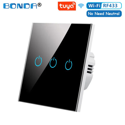 BONDA Smart Switch Alexa RF433 Keine neutrale Tuya-Steuerung funktioniert mit Google 1/2/3 Gang Smart Life Home Light WiFi Touch Switches 86